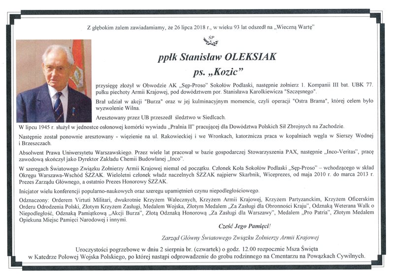 Nekrolog śp. Stanisław Oleksiak